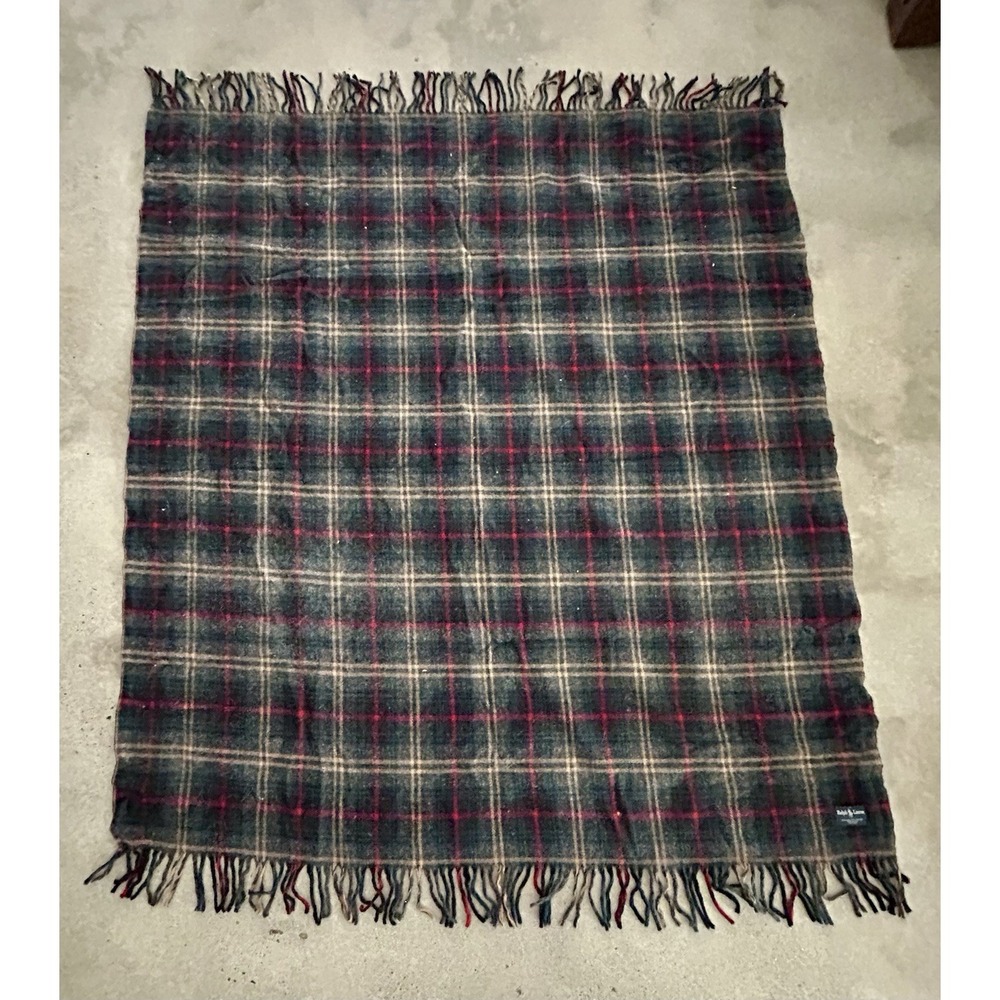 Vintage Ralph Lauren Polo Plaid‎ Wool Fringe Throw Blanket 58x70